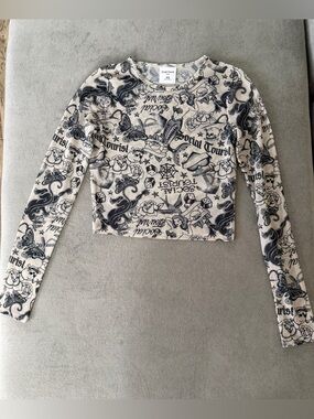 Social Tourist Womens Y2K Tattoo Mesh Top Size XS Sheer Edgy Streetwear Cropped